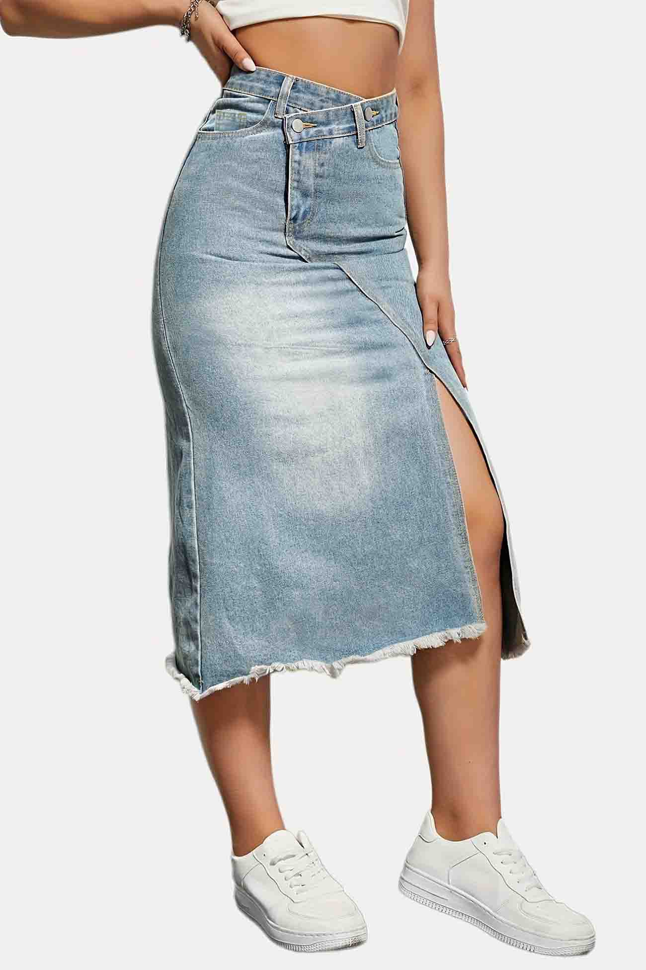 Karla - irregular front slit denim midi skirt
