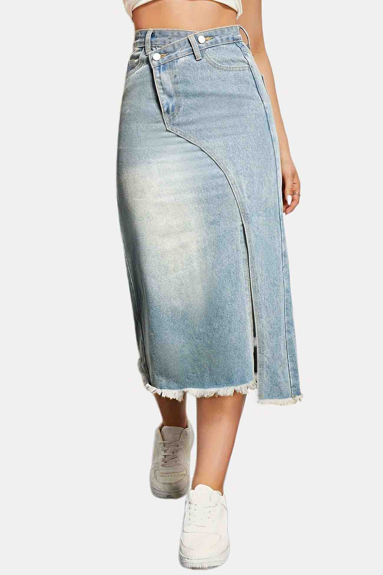 Karla - irregular front slit denim midi skirt
