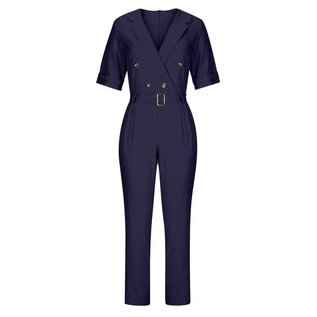 Noor – Sophisticated Short-Sleeve Jumpsuit with Buckle Detail