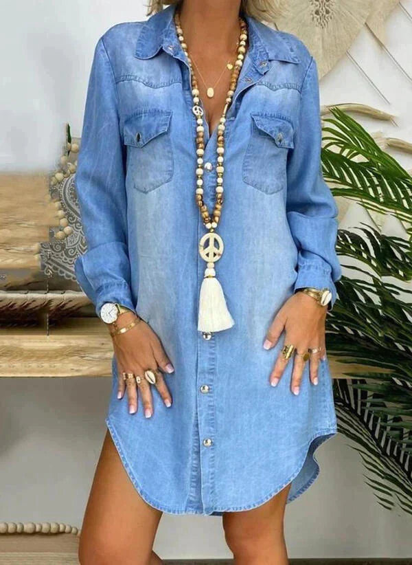 chinese dress ladies Button Up Notched Long Sleeve Denim Dress main image 0