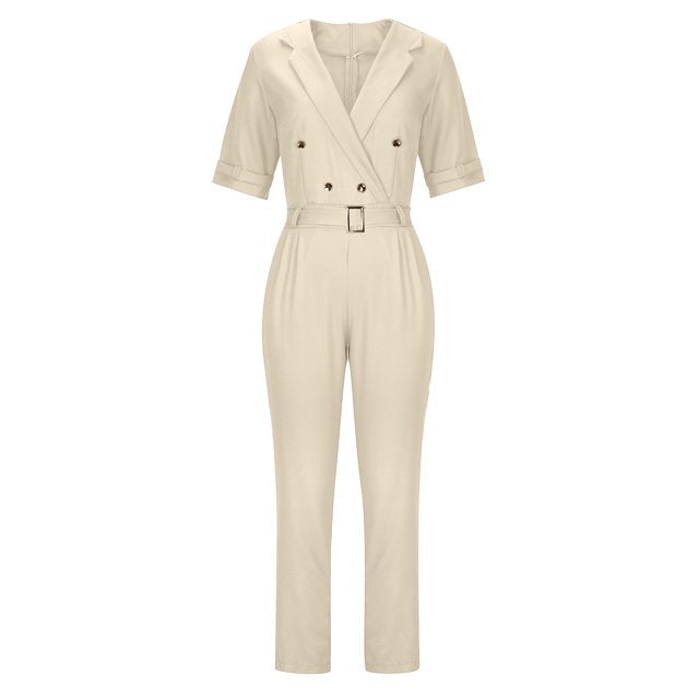 Noor – Sophisticated Short-Sleeve Jumpsuit with Buckle Detail