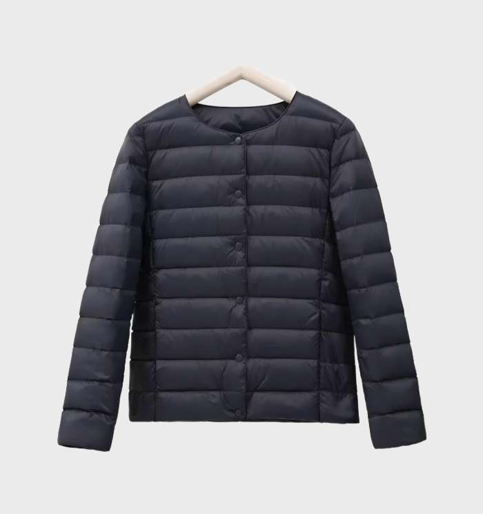 Plain quilted puff jacket with round neck for ladies