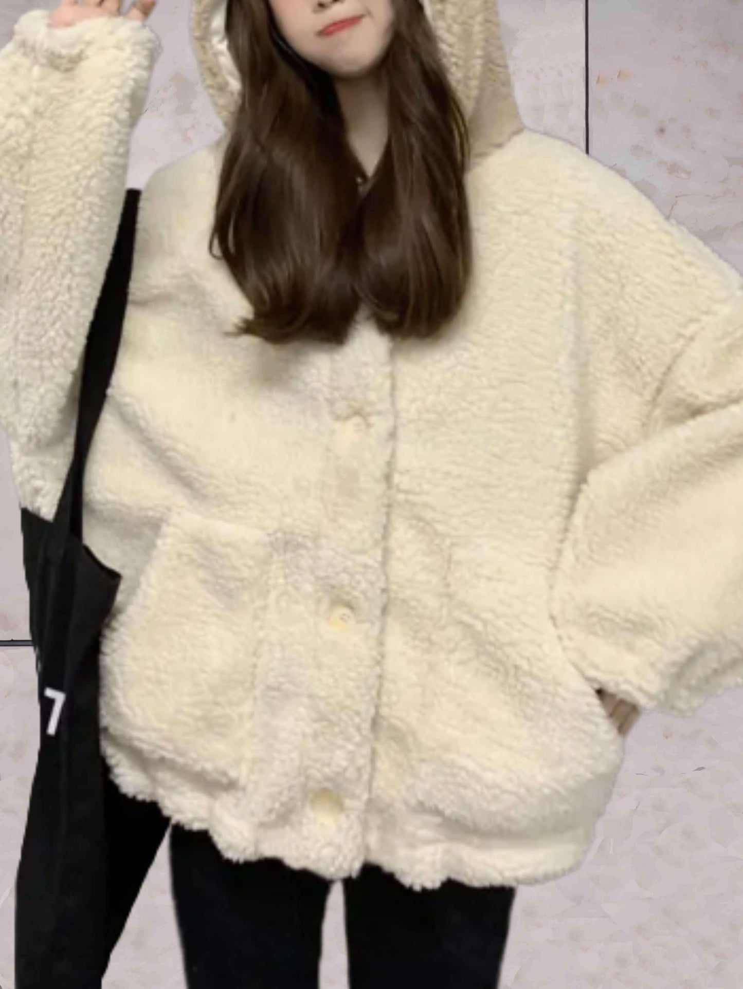 Women fleece jacket with hood and button closure