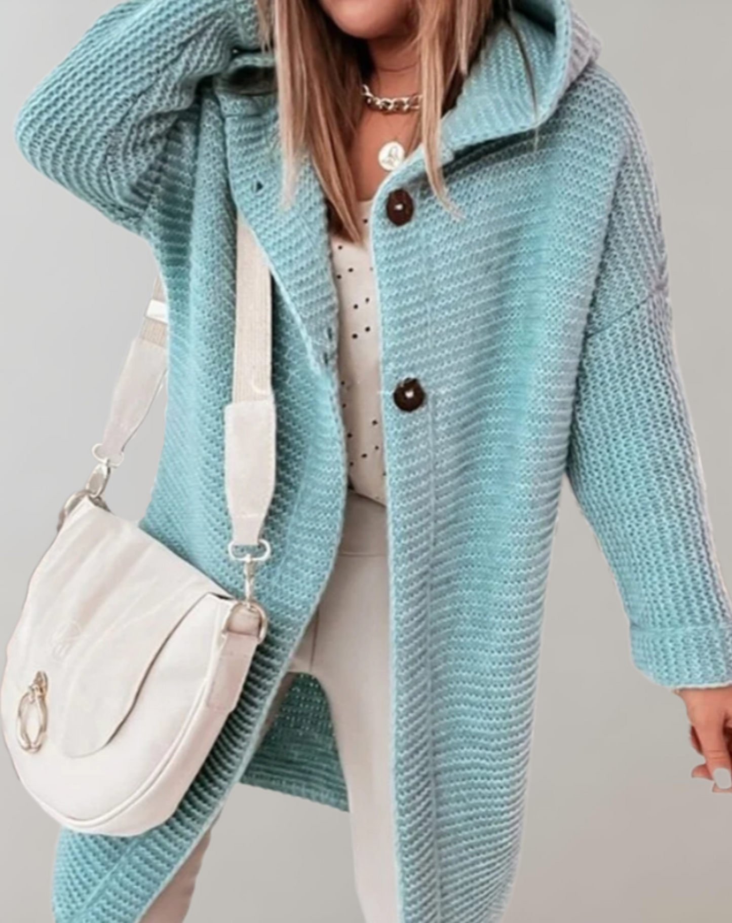 Oversized and Long Knitted Hoodie with Large Buttons