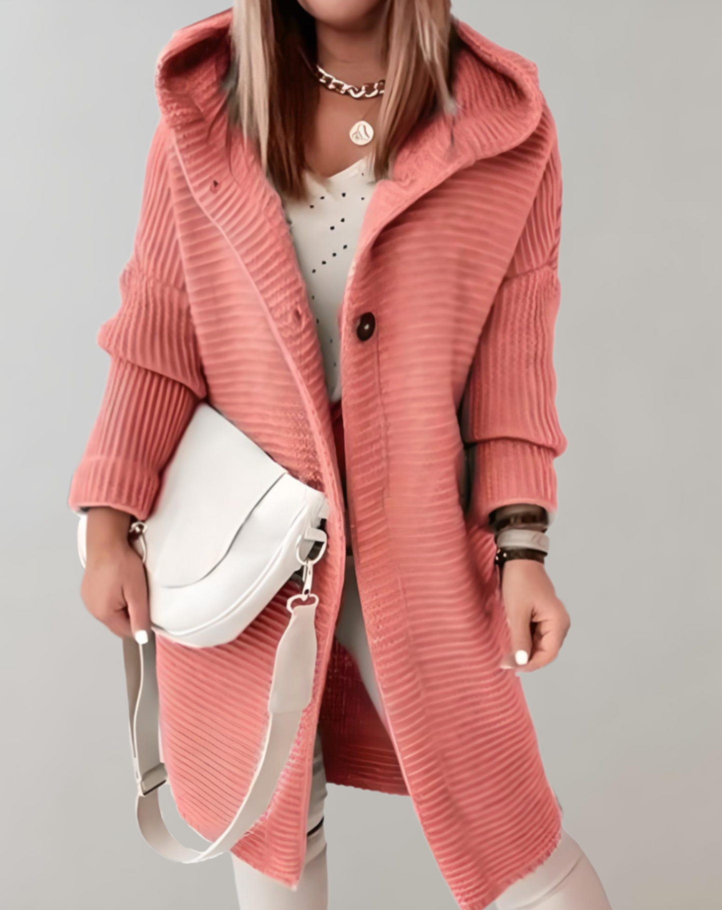 Oversized and Long Knitted Hoodie with Large Buttons