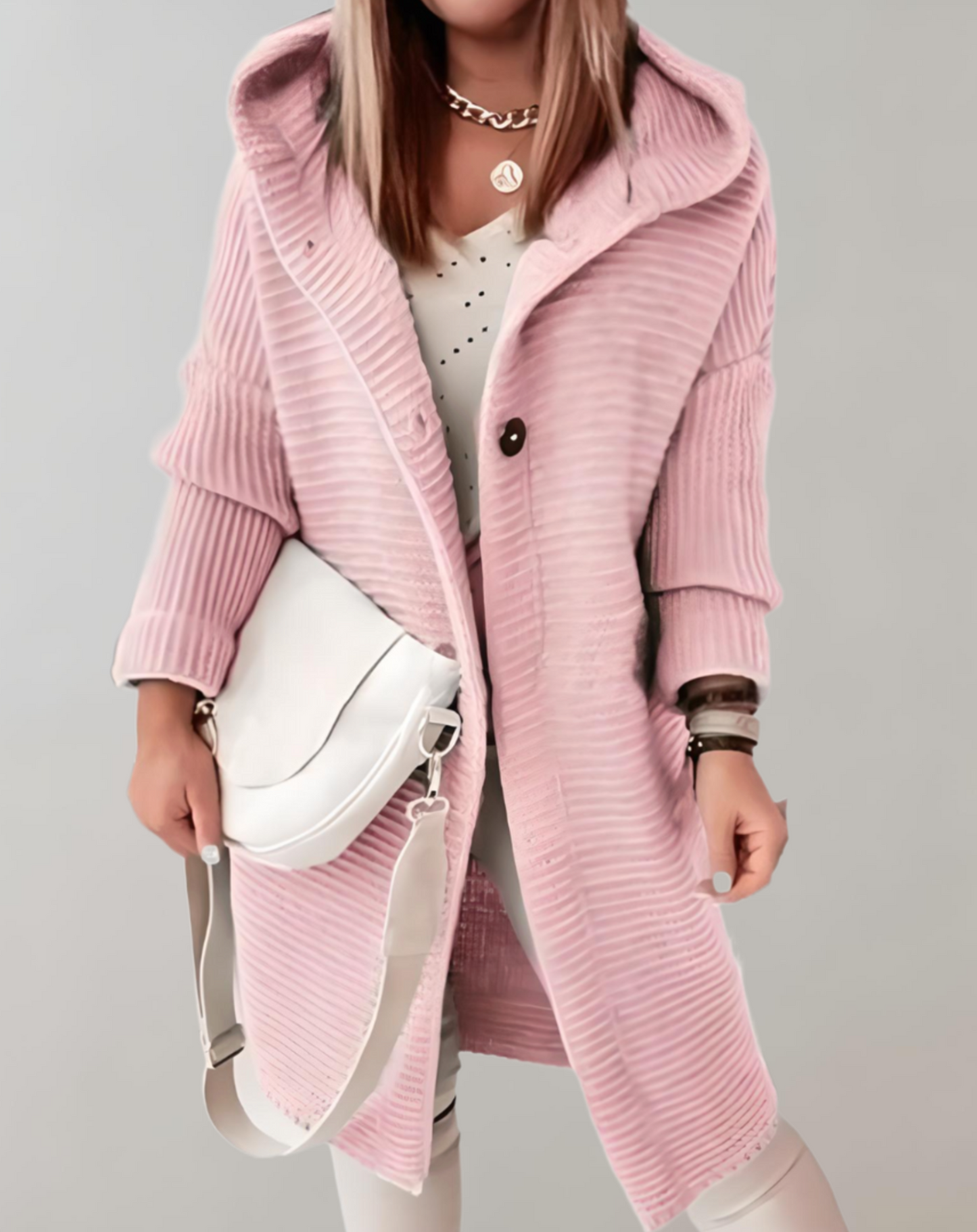Oversized and Long Knitted Hoodie with Large Buttons
