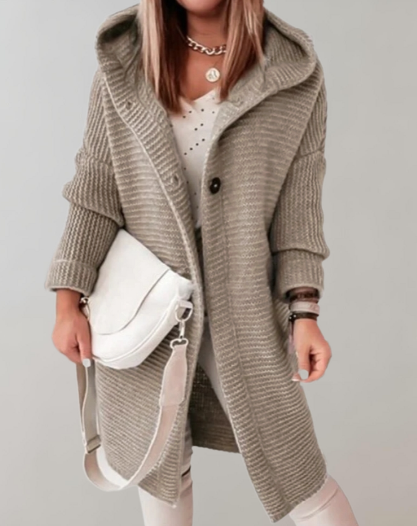 Oversized and Long Knitted Hoodie with Large Buttons