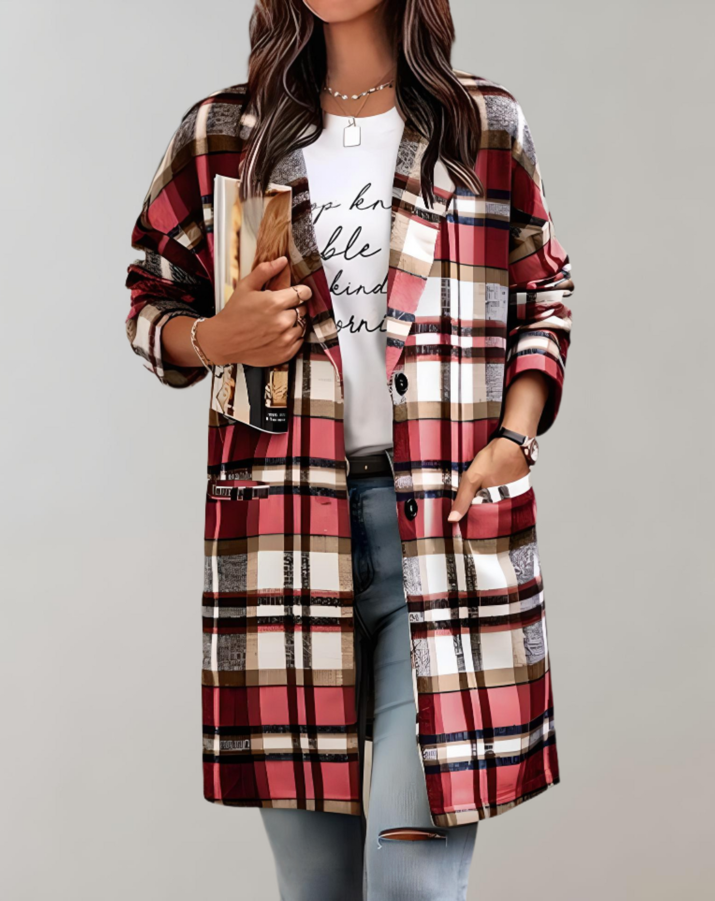 Long plaid jacket with side pockets for Women