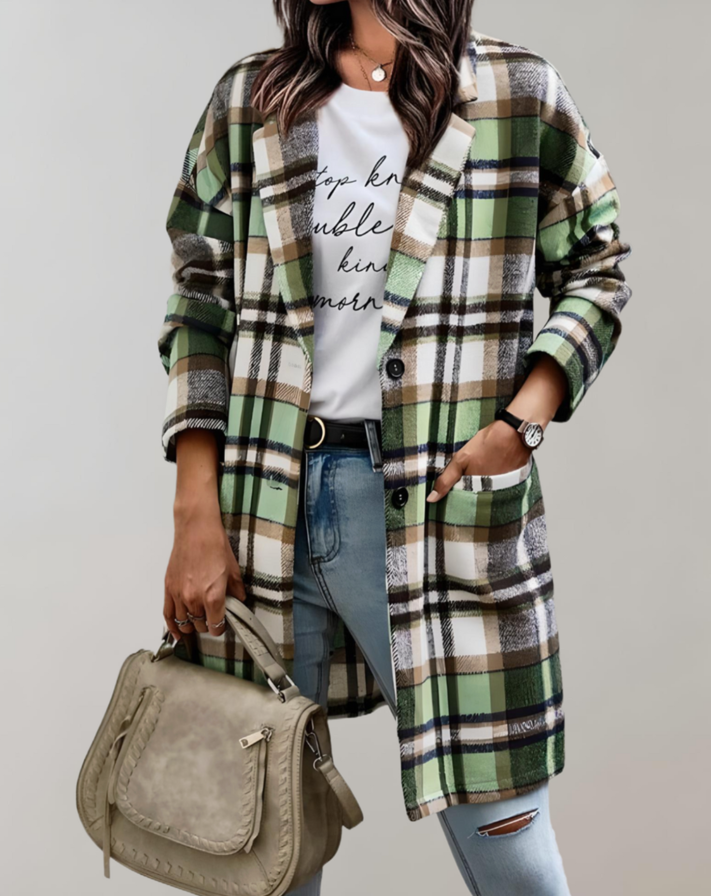 Long plaid jacket with side pockets for Women