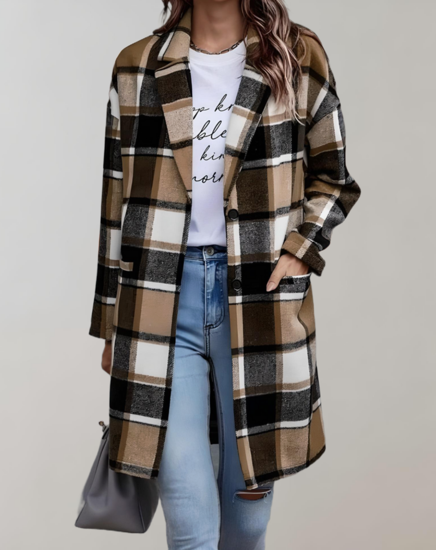 Long plaid jacket with side pockets for Women