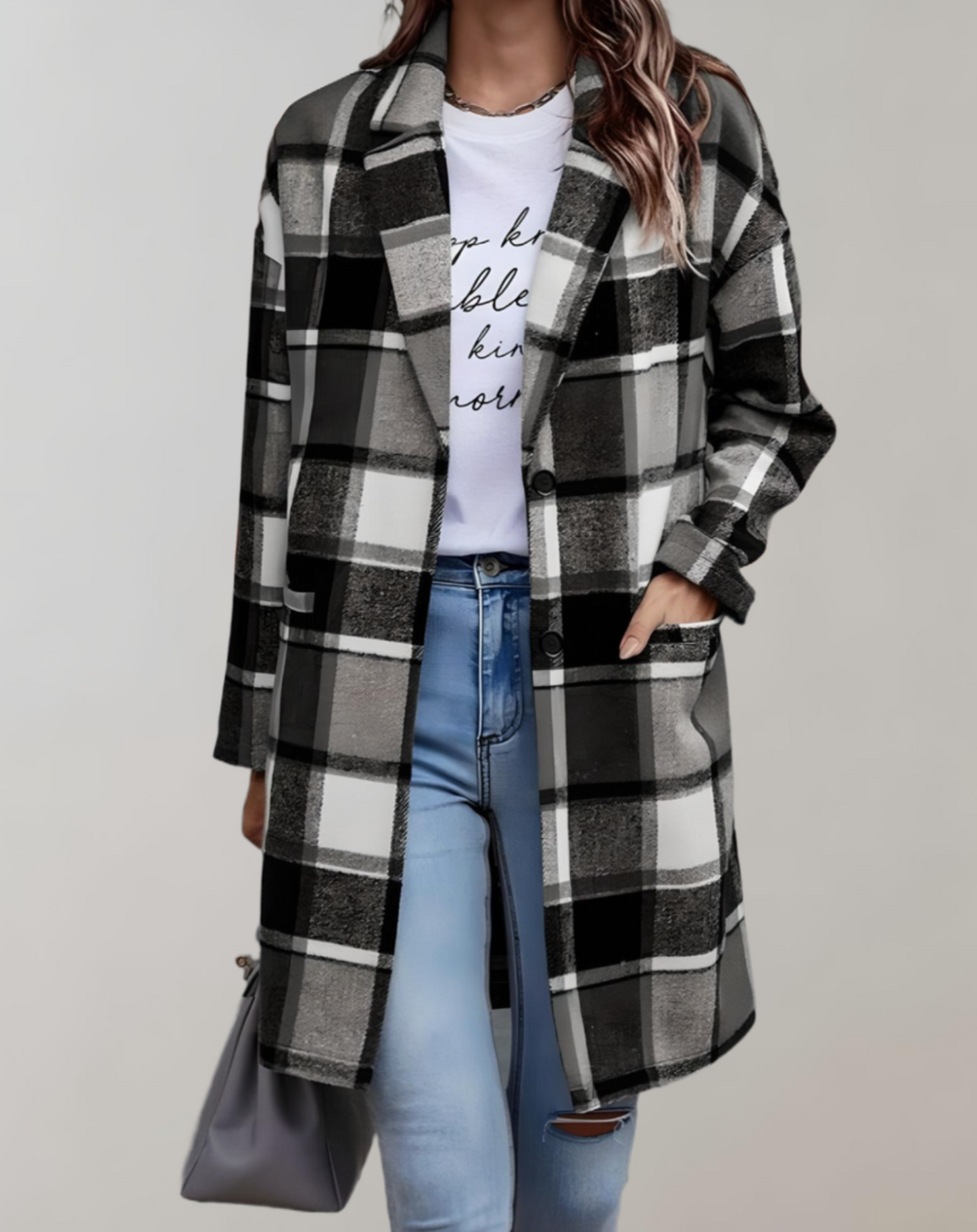 Long plaid jacket with side pockets for Women