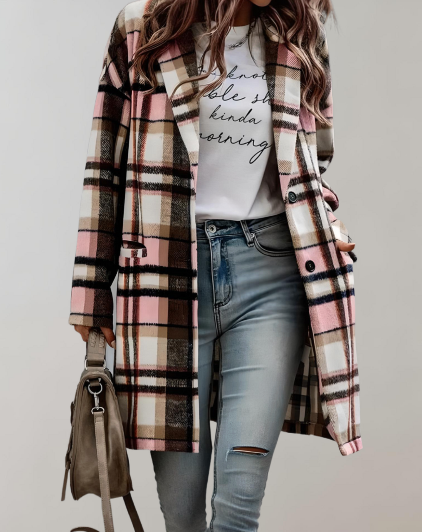 Long plaid jacket with side pockets for Women