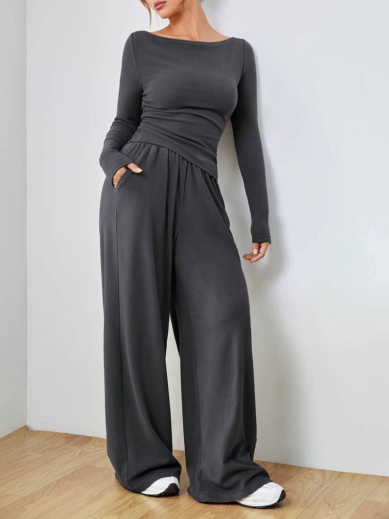 Belezza – solid, casual set of long sleeve shirt and wide leg trousers