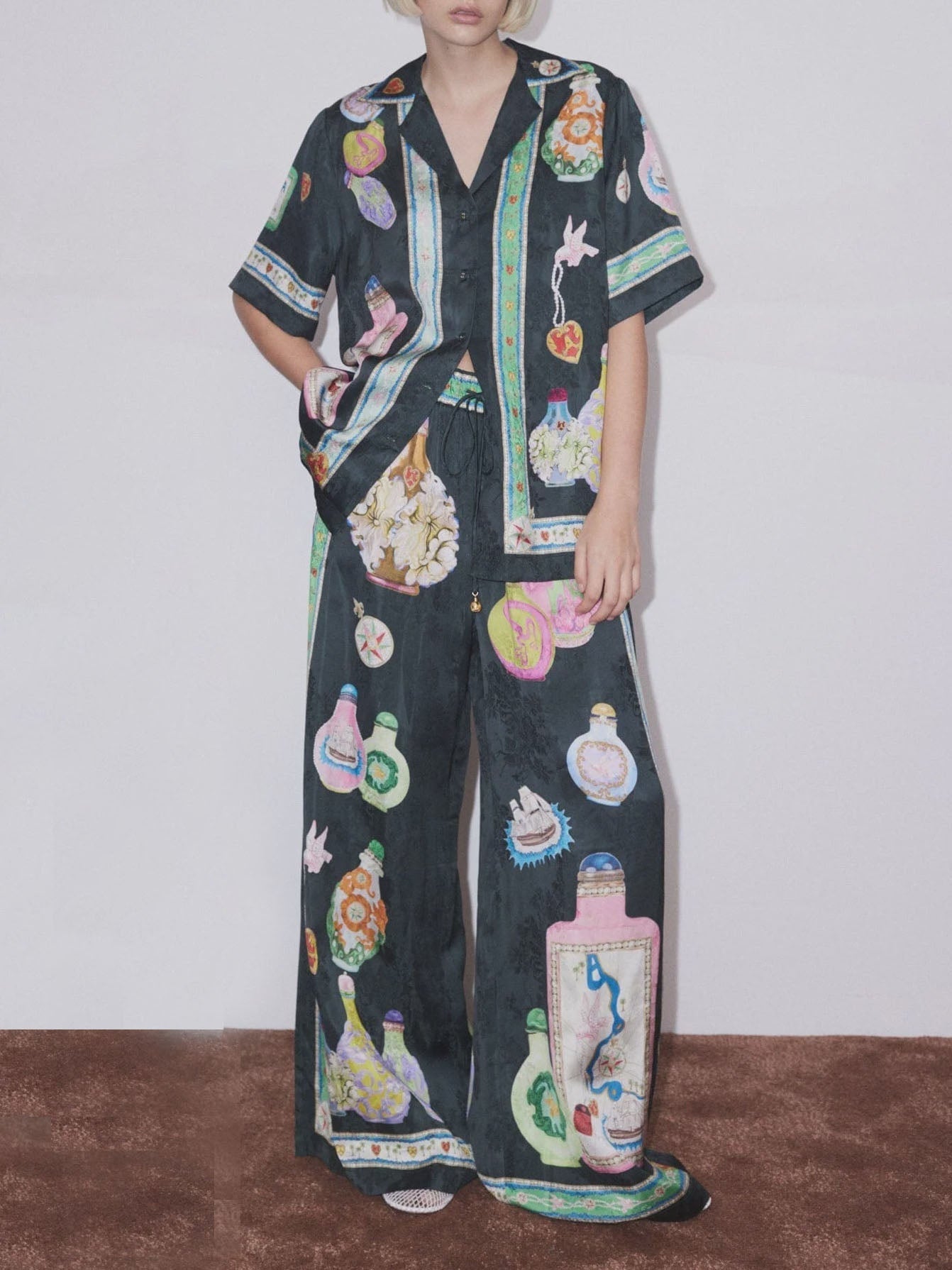 Satin Unique Fun Print Button Oversized Shirt