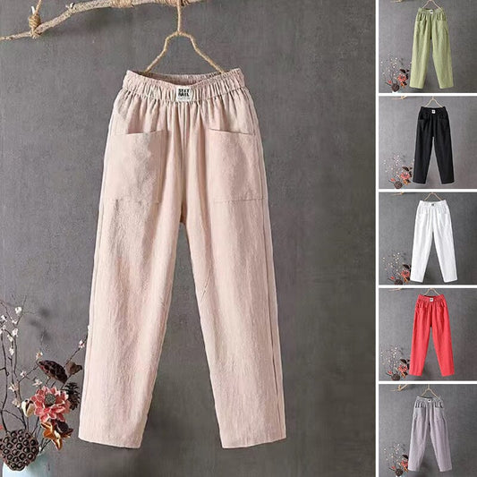 Sophia casual cotton and linen trousers with elastic waistband