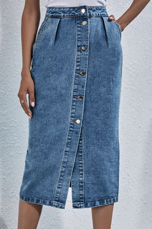 Hannah high-waist button-front long denim skirt