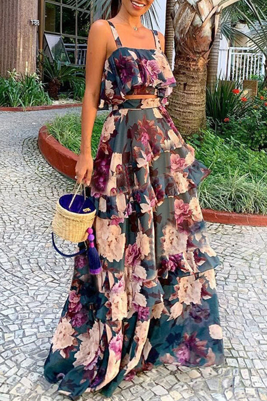 Roseanna - stylish floral sleeveless top & high waist pleated long skirt set