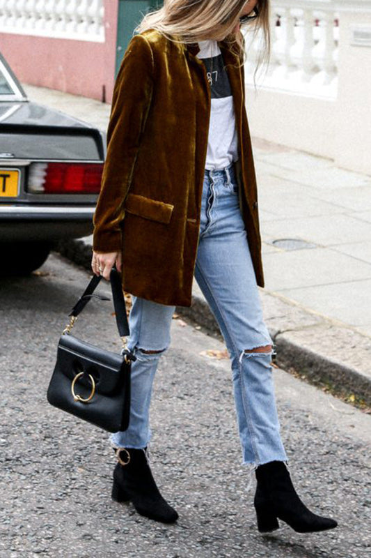 Eye-catching velvet blazer in street style