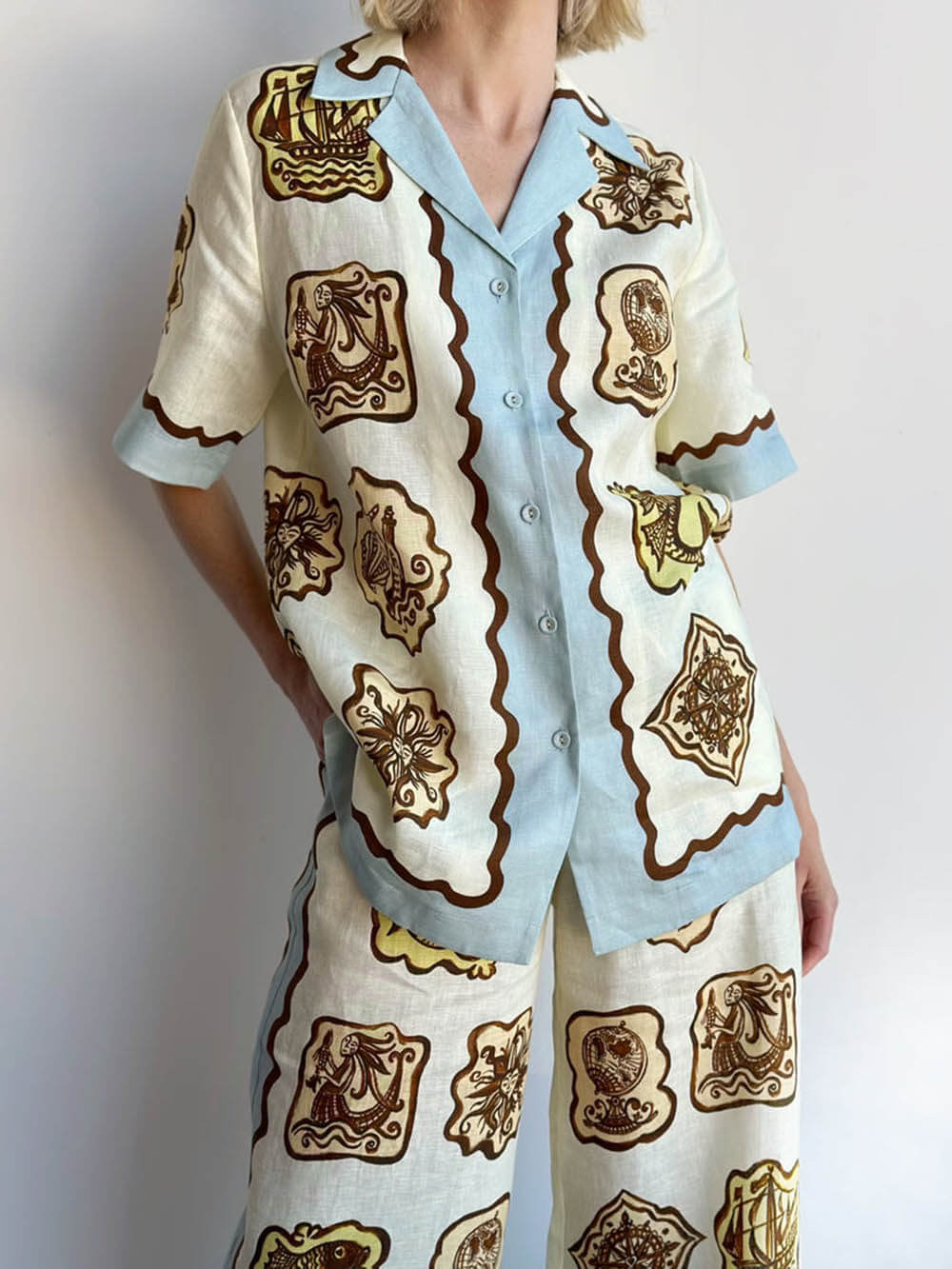 Unique Print Short Sleeve Button Oversized Blouse