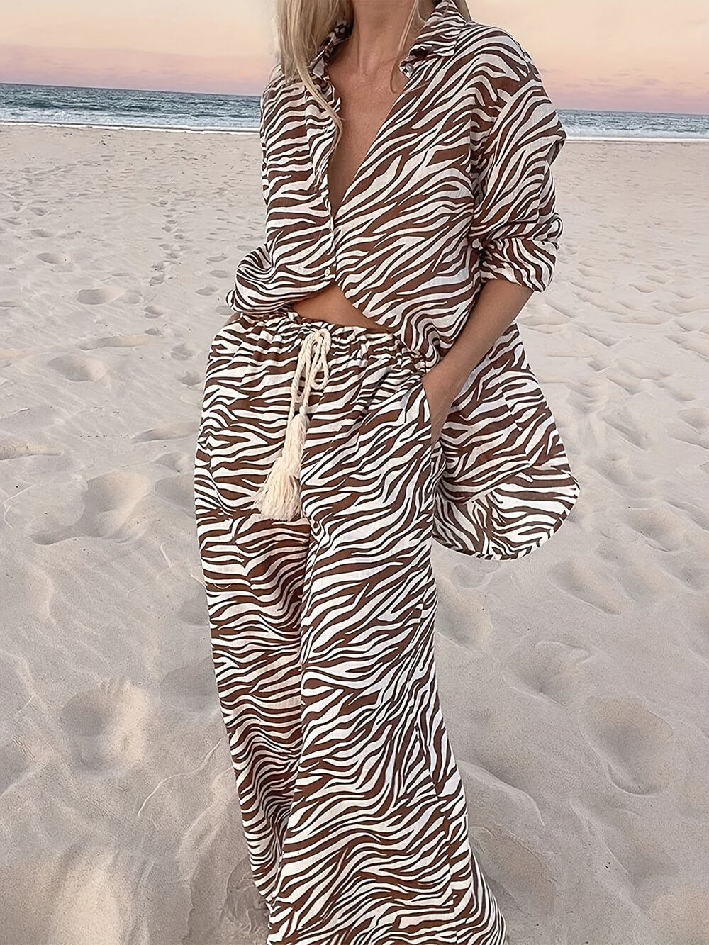 Button Open Collar Loose Zebra Print Shirt