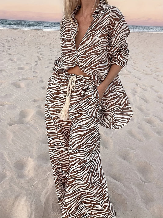 Button Open Collar Loose Zebra Print Shirt