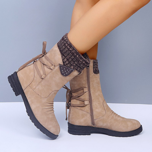 Knit & Faux Leather Mid-Calf Boots