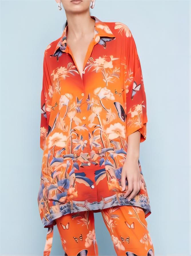 Unique Satin Butterfly Floral Print Loose Shirt