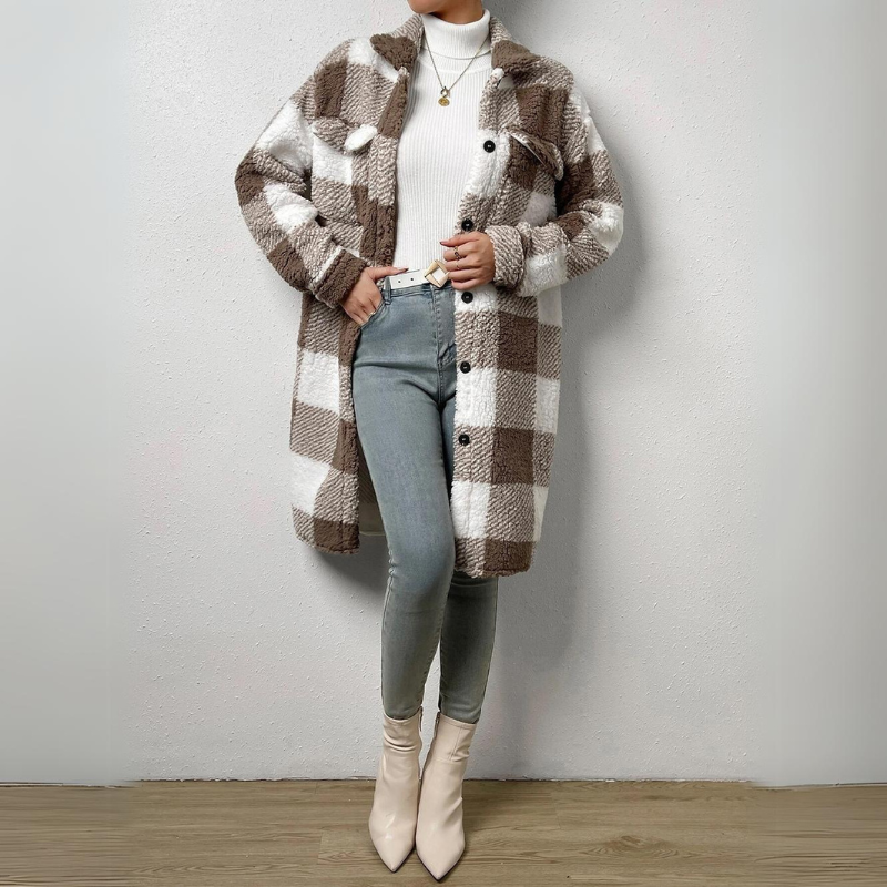 Scarlett - Open Button Plush Plaid Midi Jacket