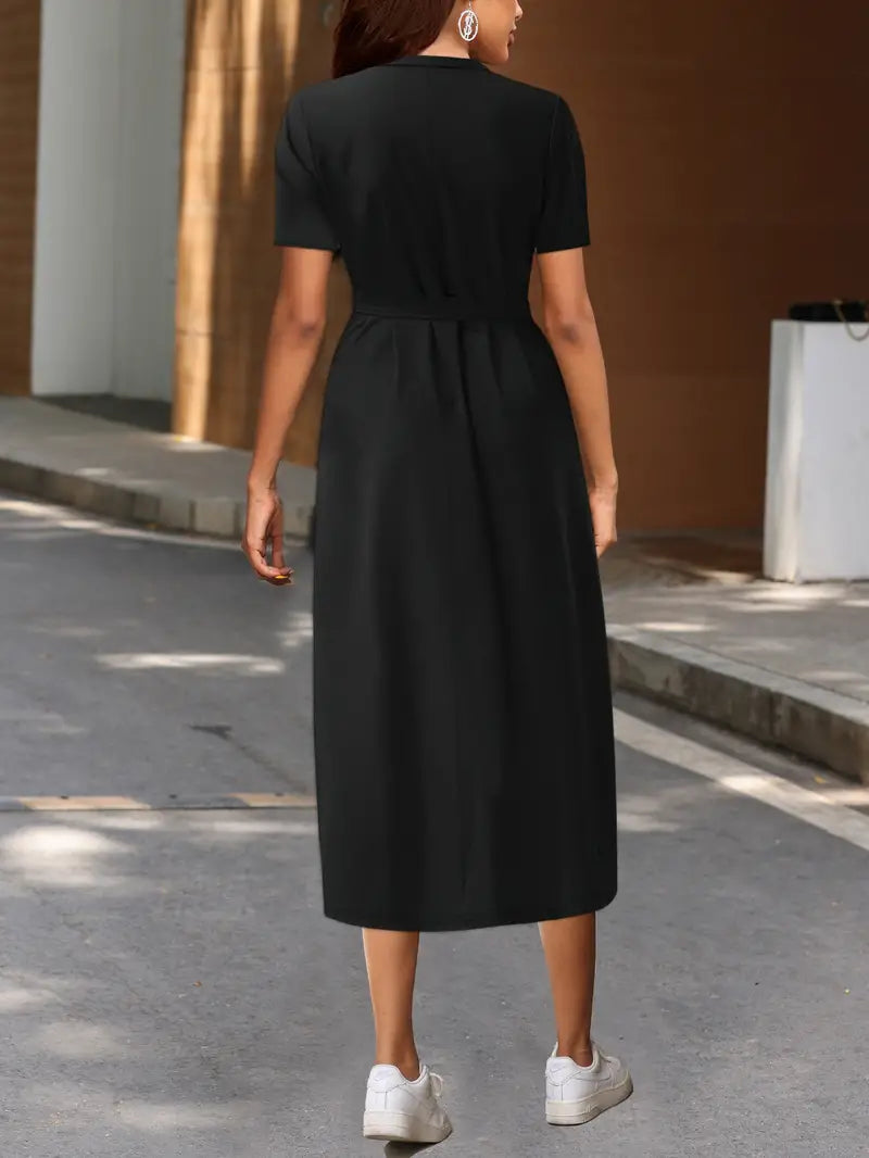 Solid Dress with Wrap Neckline and Tied Waist