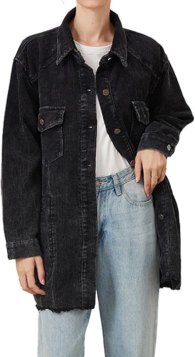 Corduroy Button-Down Jacket with Ripped Hem