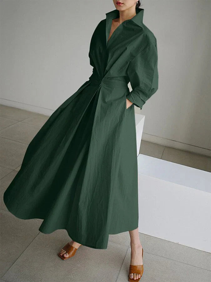 Maxi dress - for women with lapel buttons and long sleeves