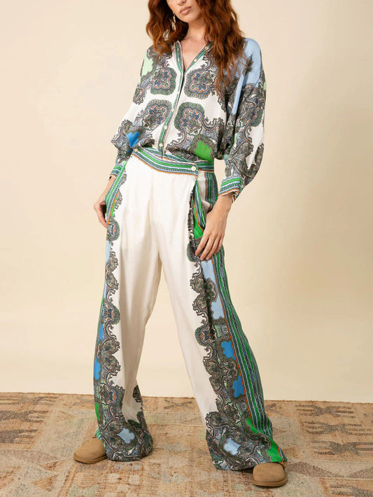Exquisite Paisley Ethnic Print Side Pocket Loose Wide-Leg Pants