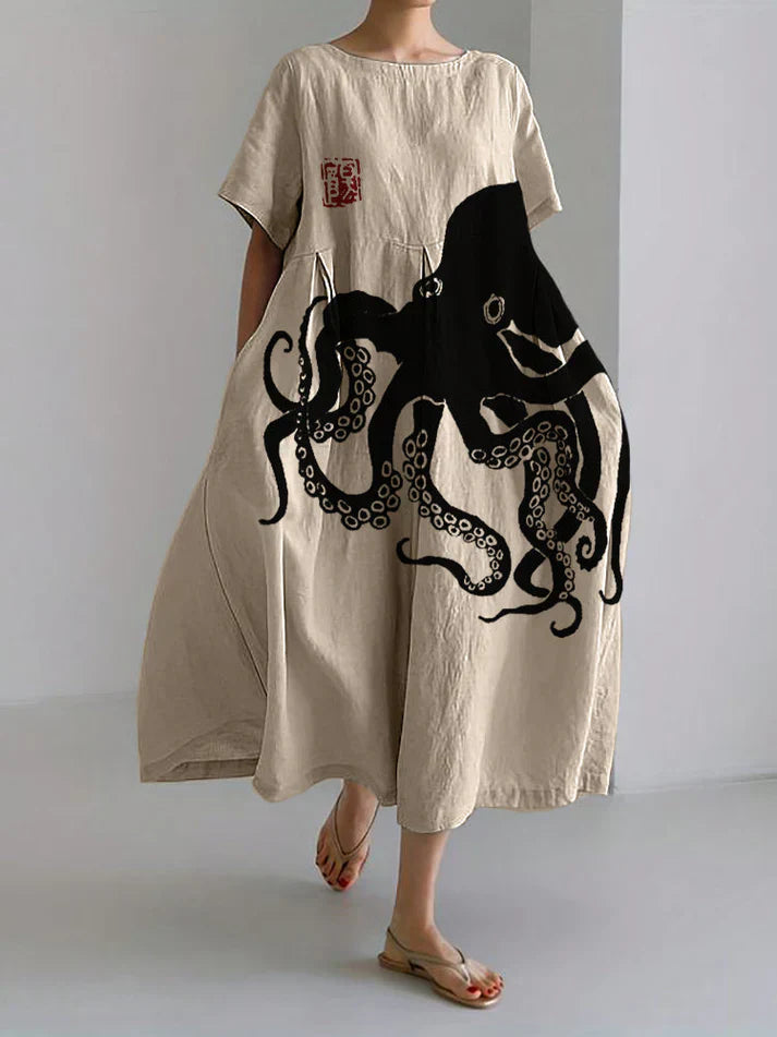 Gabriella - long dress in half linen with Japanese pattern in octopus linen