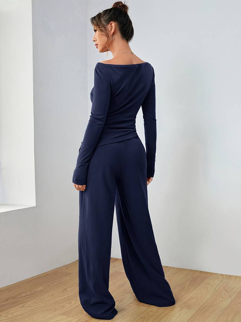 Belezza – solid, casual set of long sleeve shirt and wide leg trousers