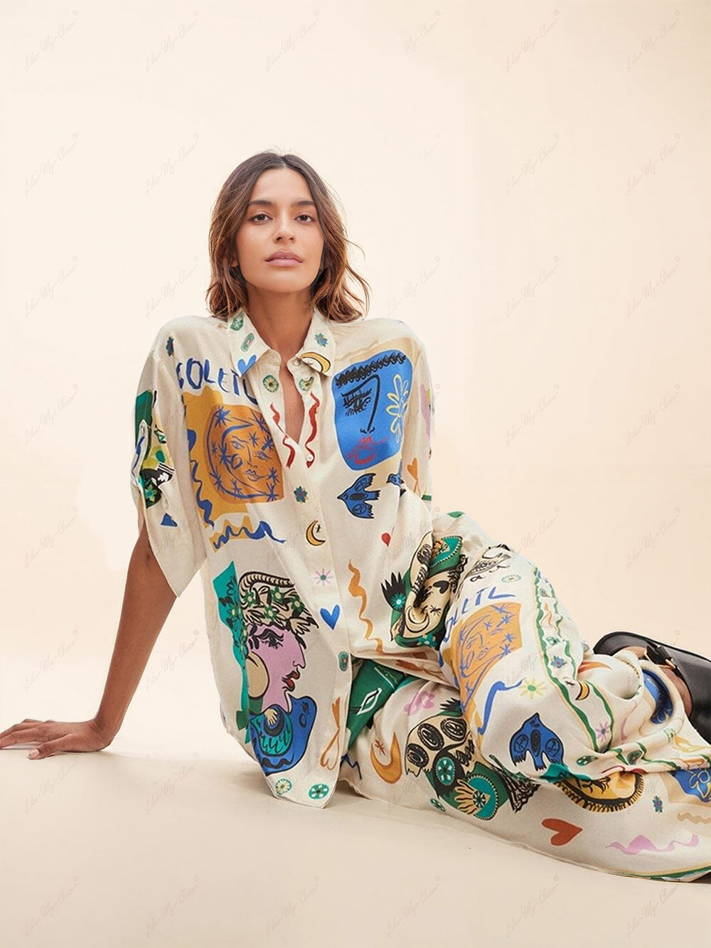 Casual Graffiti Printing Loose Satin Suit