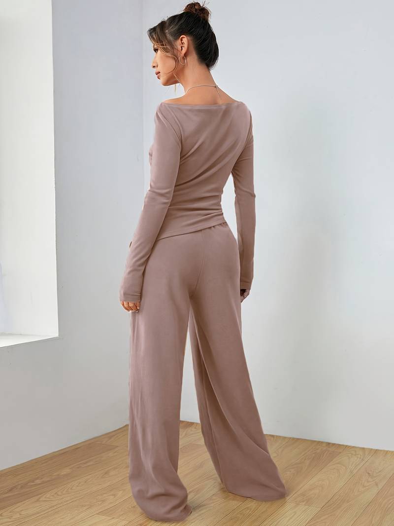 Belezza – solid, casual set of long sleeve shirt and wide leg trousers