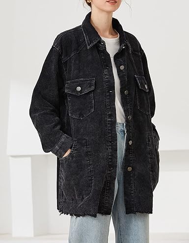 Corduroy Button-Down Jacket with Ripped Hem