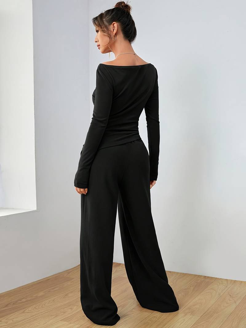 Belezza – solid, casual set of long sleeve shirt and wide leg trousers
