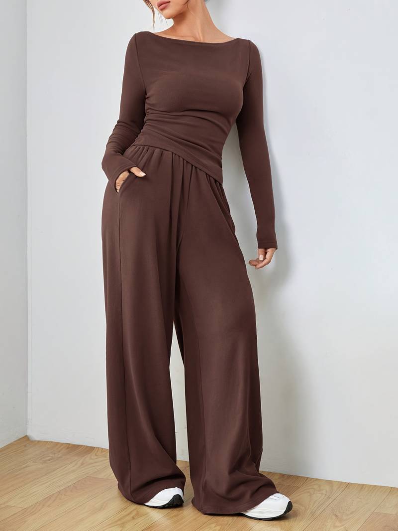 Belezza – solid, casual set of long sleeve shirt and wide leg trousers
