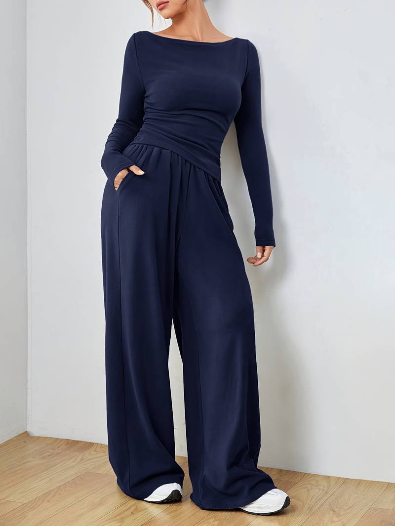 Belezza – solid, casual set of long sleeve shirt and wide leg trousers