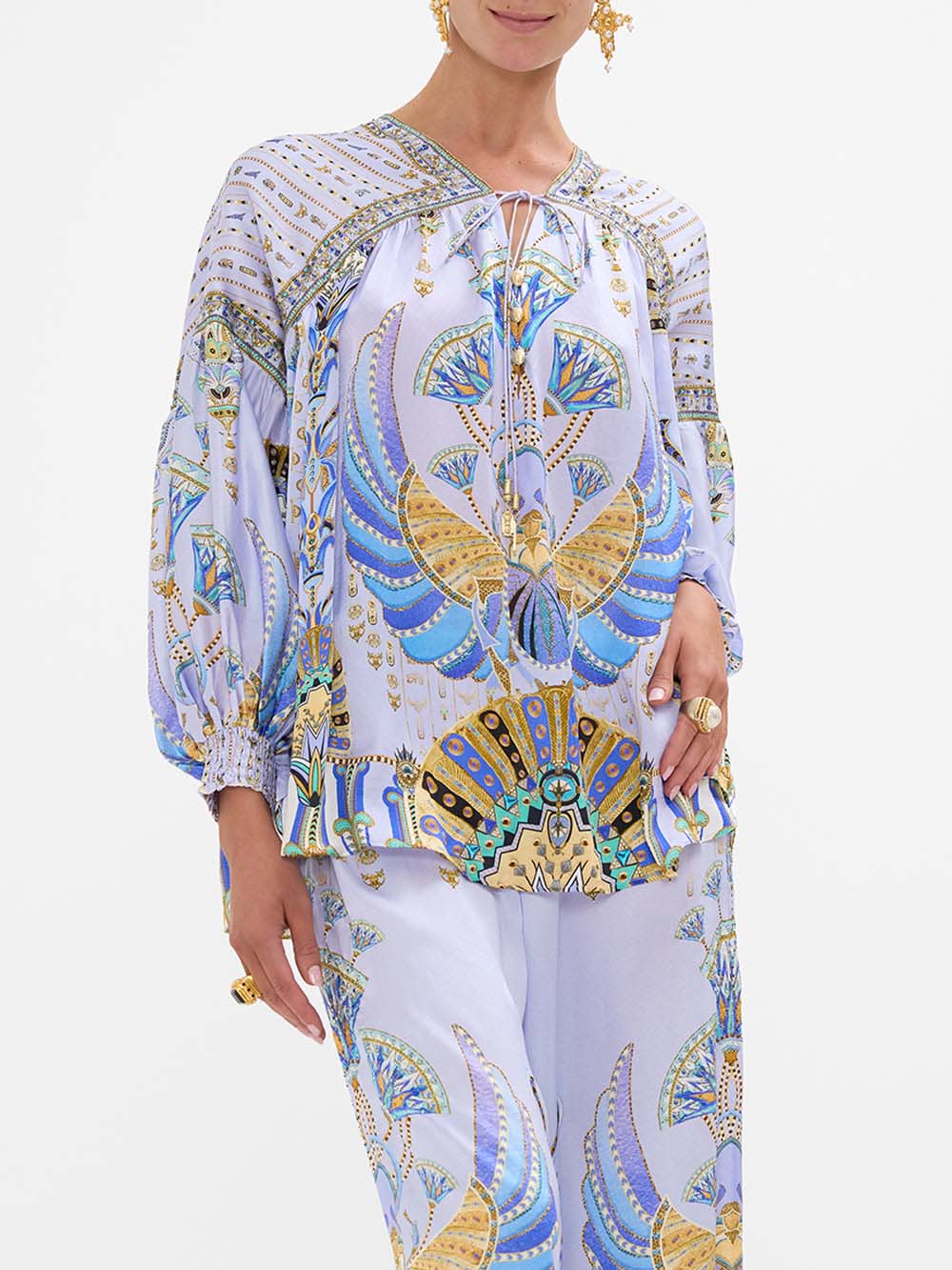 Unique Satin Ethnic Print V-Neck Lantern Sleeve Top