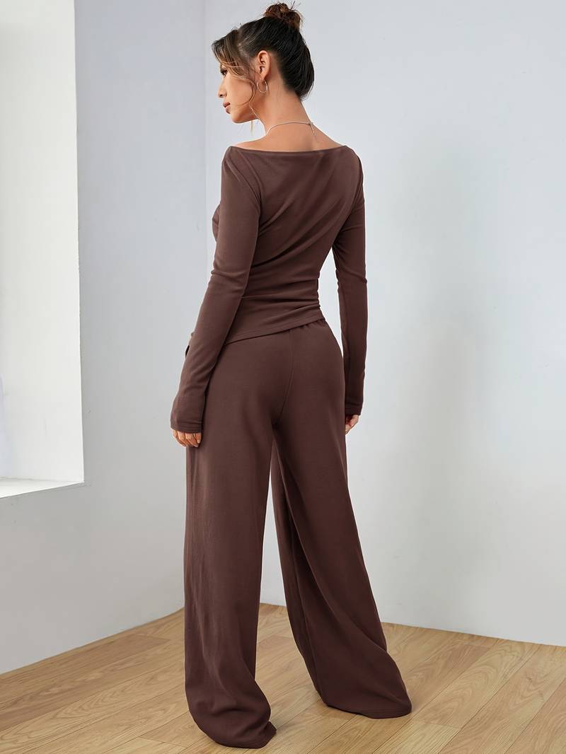 Belezza – solid, casual set of long sleeve shirt and wide leg trousers