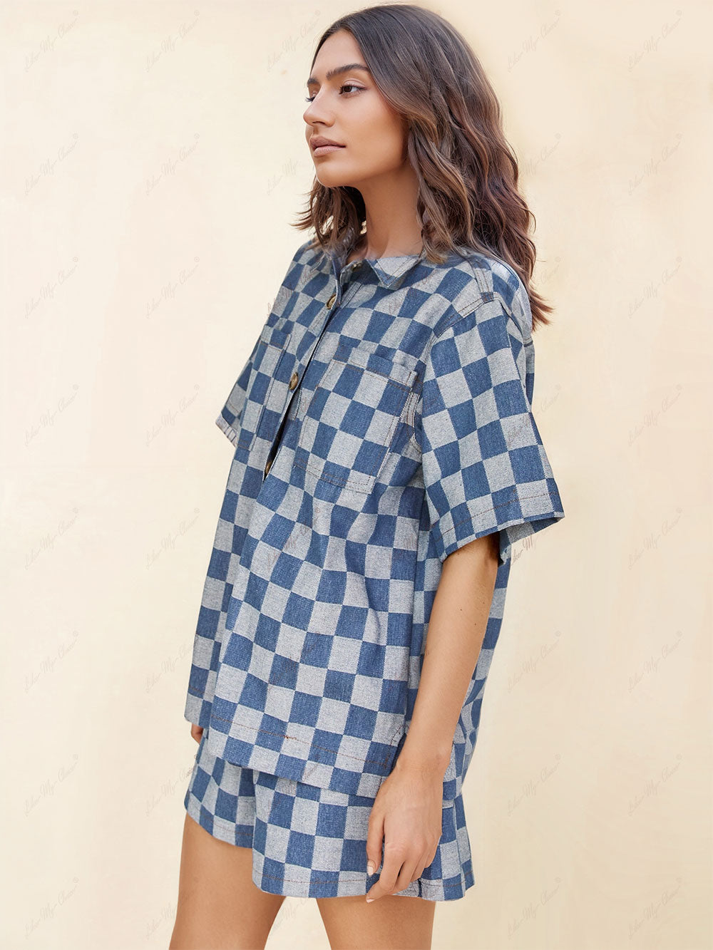 Loose Check Print Denim Shirt