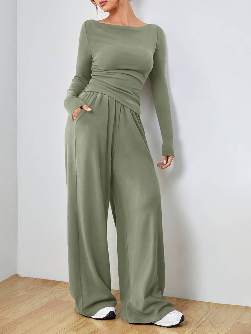 Belezza – solid, casual set of long sleeve shirt and wide leg trousers