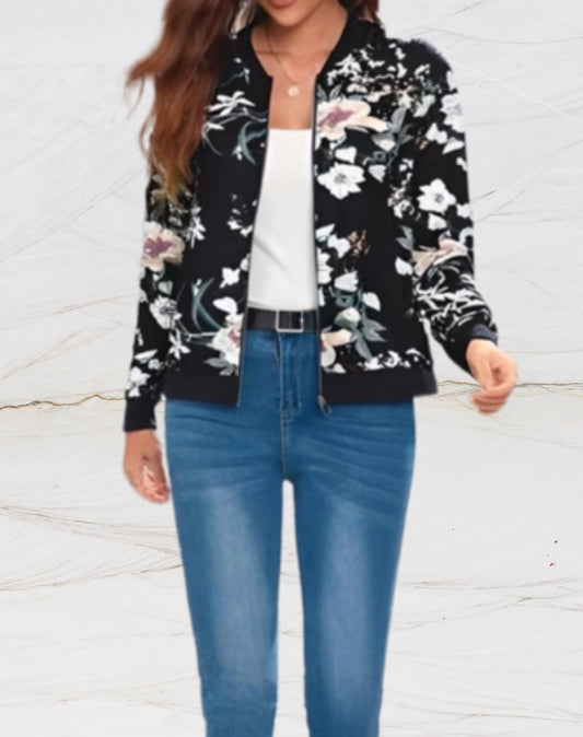 Stylish women's zipped jacket with floral print