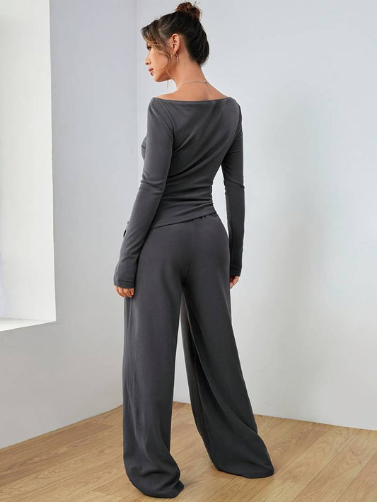 Belezza – solid, casual set of long sleeve shirt and wide leg trousers