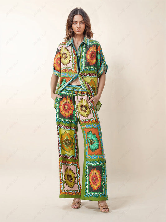 Unique Sunflower Print Wide Leg Pants