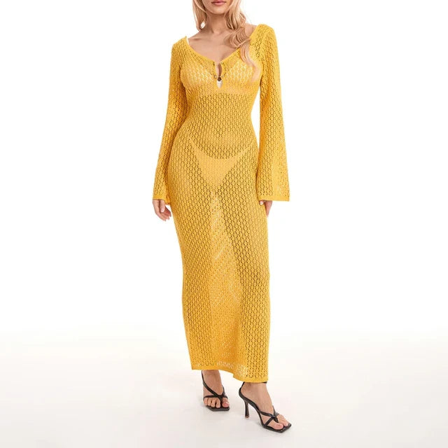 Farah | Long knitted beach dress with V-neck bikini cover-up dress