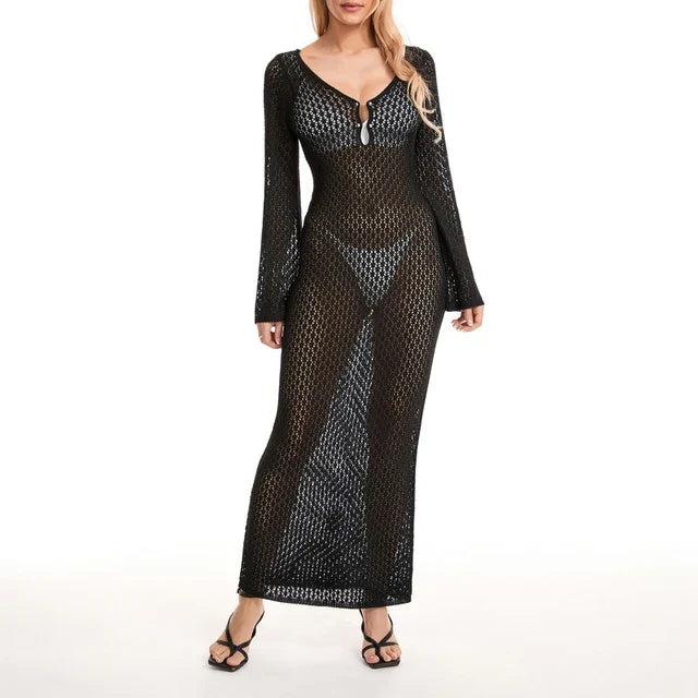 Farah | Long knitted beach dress with V-neck bikini cover-up dress