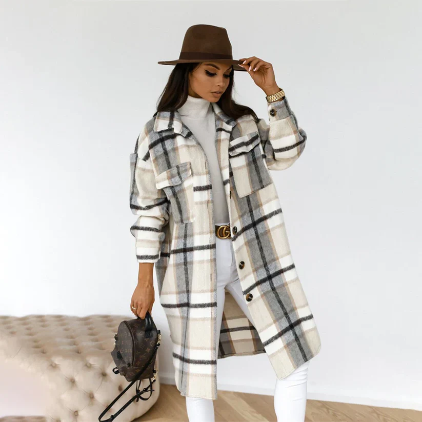 Harlow - long checked winter coat with belt